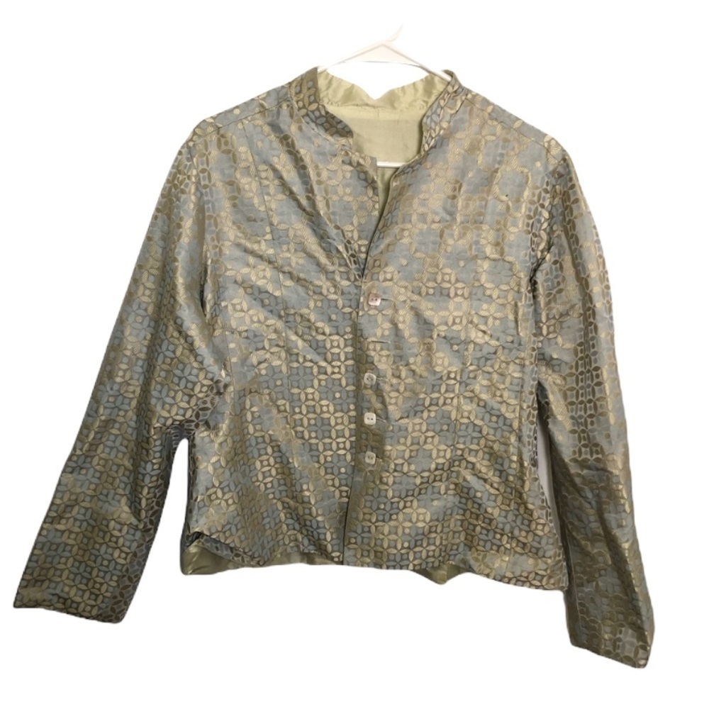 Kai Mira Womens Sz Medium Reversible Silk Mandarin Jacket Blue Mint Green Floral